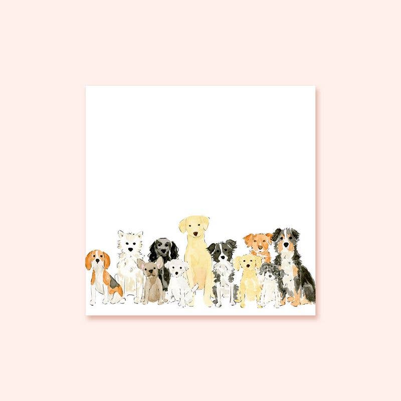 Square sticky notes featuring a watercolor illustration of a diverse group of dogs of various breeds and sizes lined up along the bottom edge.
