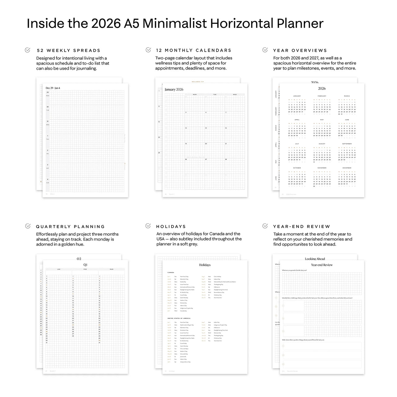 2026 A5 Minimalist Horizontal Planner - Scarlet Oak