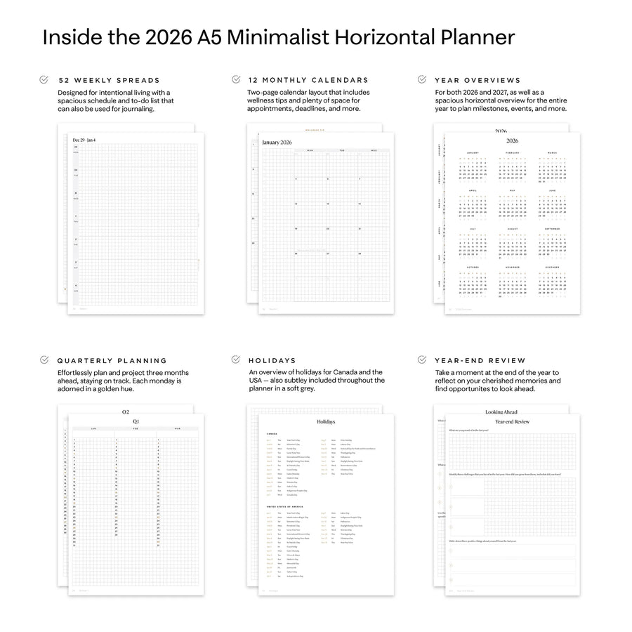 2026 A5 Minimalist Horizontal Planner - Scarlet Oak