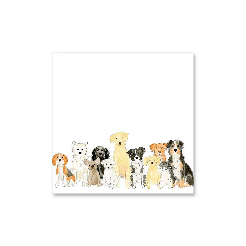 Square sticky notes featuring a watercolor illustration of a diverse group of dogs of various breeds and sizes lined up along the bottom edge.