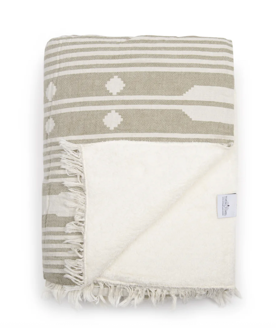 A folded khaki and white patterned throw blanket with a solid cream-colored underside.