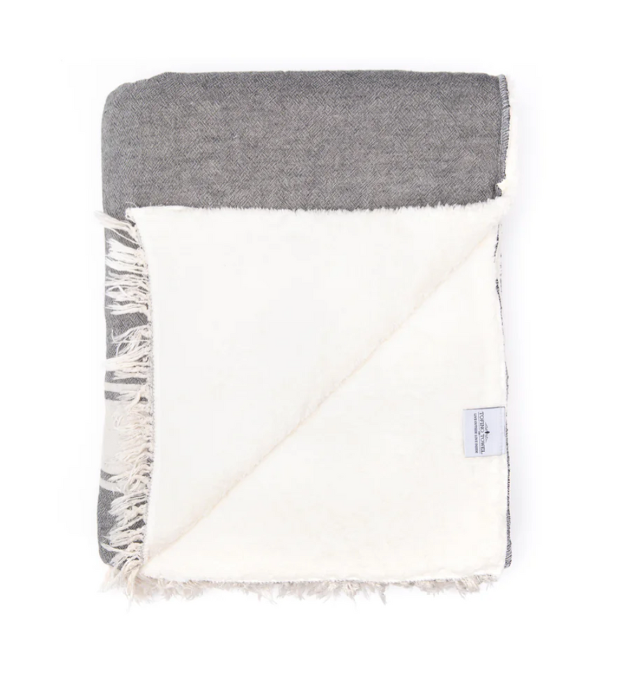 A folded gray blanket with a white, fluffy interior.