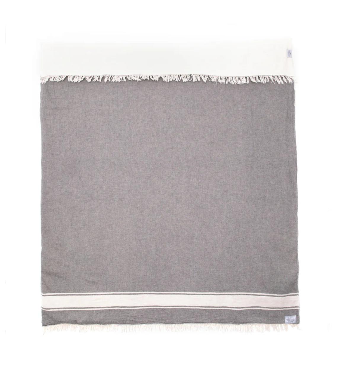 A gray blanket with two white stripes at the bottom, laid flat.