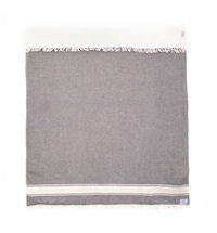 Thumbnail for A gray blanket with two white stripes at the bottom, laid flat.