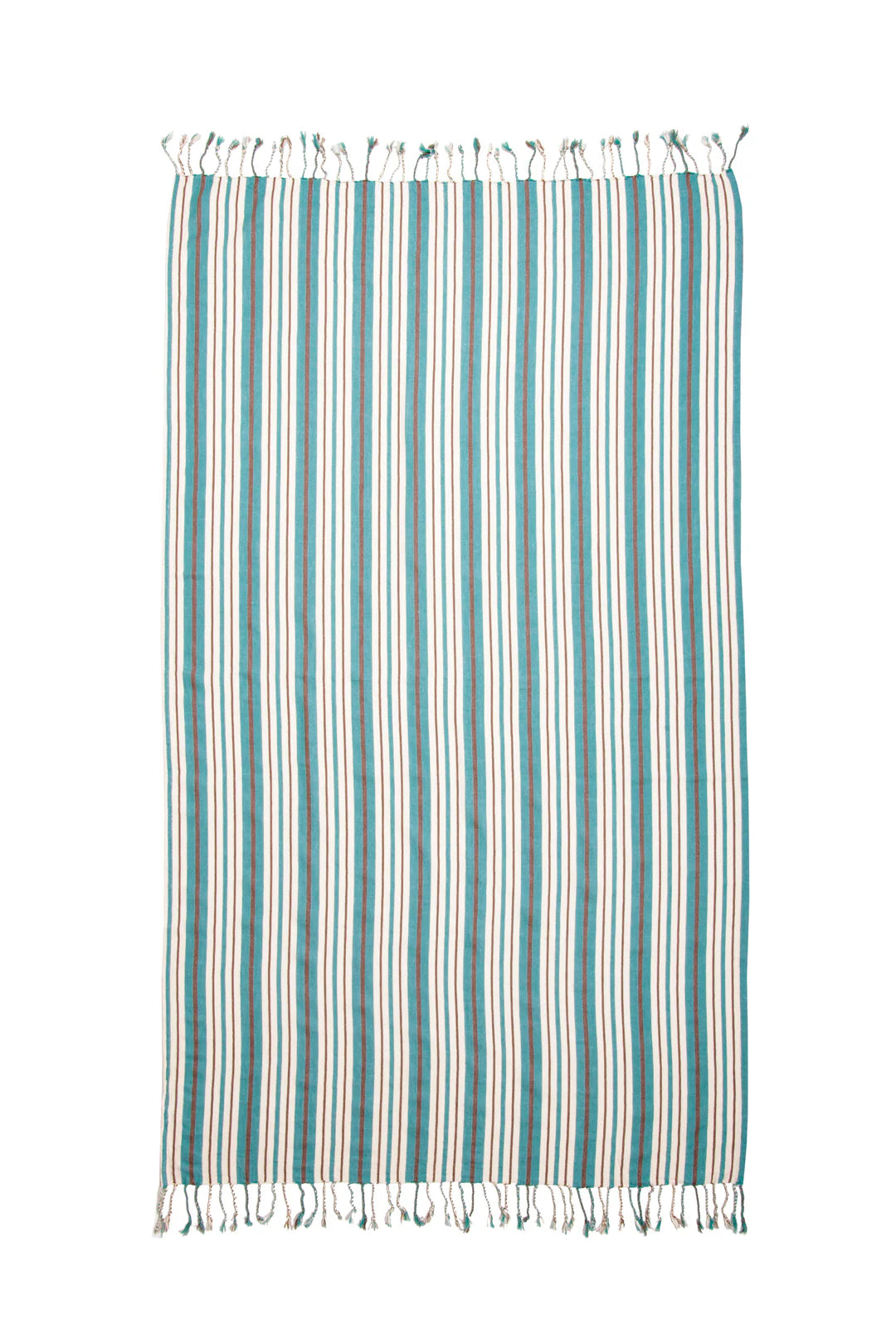 A full-length vertical flat lay of the Mistral towel against a white background. The pattern consists of repeating teal, white, and sandy-brown vertical stripes, finished with hand-tied tassels on the top and bottom edges.