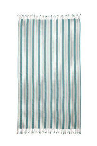 Thumbnail for A full-length vertical flat lay of the Mistral towel against a white background. The pattern consists of repeating teal, white, and sandy-brown vertical stripes, finished with hand-tied tassels on the top and bottom edges.