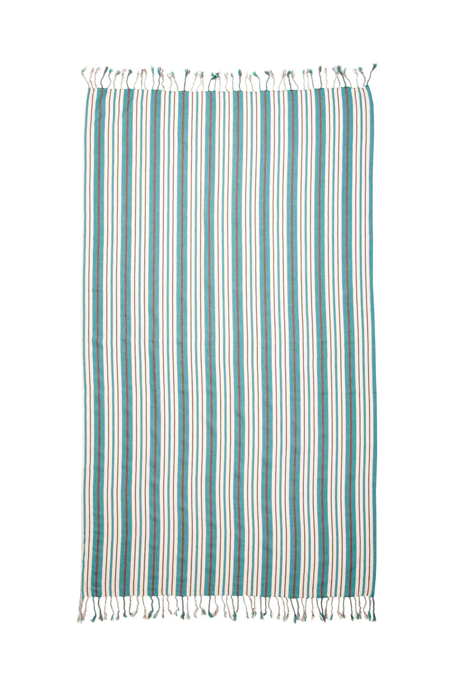 A full-length vertical flat lay of the Mistral towel against a white background. The pattern consists of repeating teal, white, and sandy-brown vertical stripes, finished with hand-tied tassels on the top and bottom edges.
