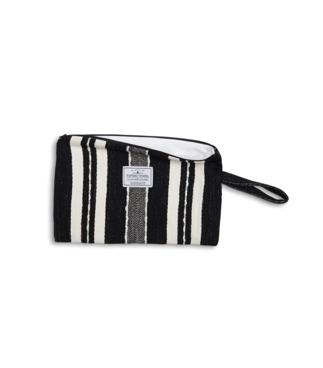 The Black/Ecru striped Mercer bag unzipped to reveal the clean, white water-resistant lining.