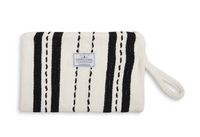 Thumbnail for A front-facing flat lay of the Mercer Wet-Dry bag on a white background. The ecru (cream) Turkish Cotton exterior features thick, vertical black stripes with unique, hand-embroidered dashed line details. A centered 