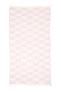 Thumbnail for A vertical flat lay of the Phase towel in Lilac against a white background. The geometric design consists of repeating rows of lavender half-circles on an off-white base, with matching tassels on the top and bottom edges.