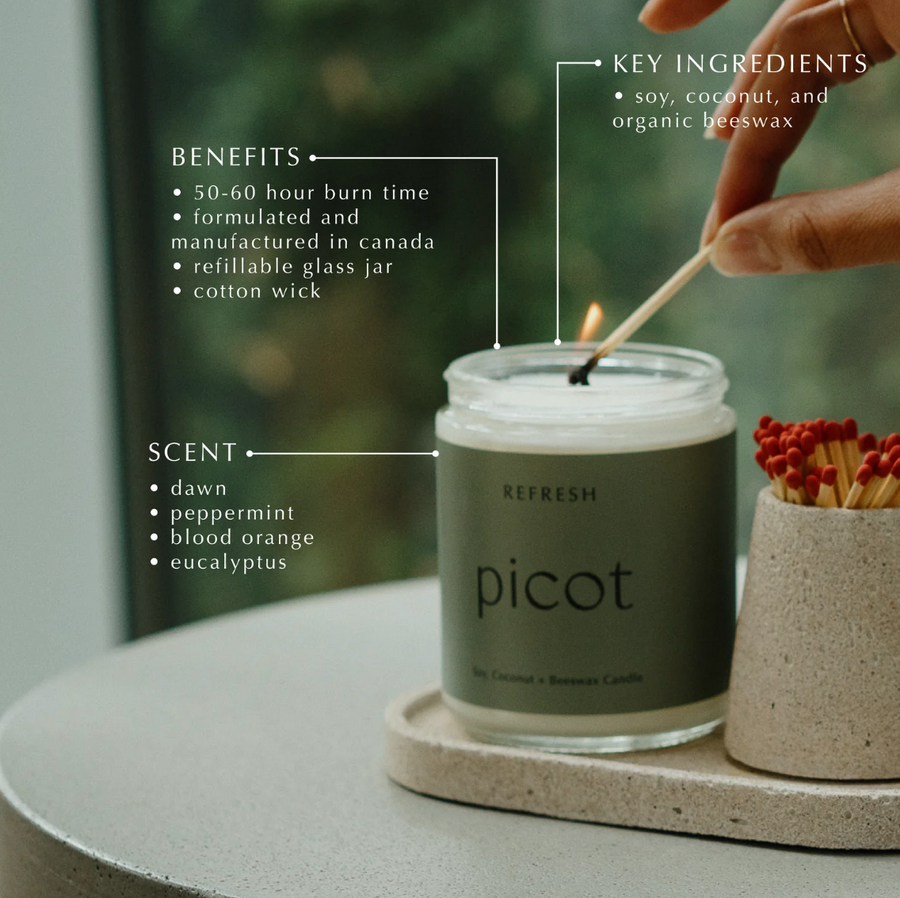 Lit "picot REFRESH" candle on a coaster, hand with match, container of matches. Sage green label lists benefits, scents (dawn, peppermint, blood orange, eucalyptus), and soy, coconut, beeswax ingredients.
