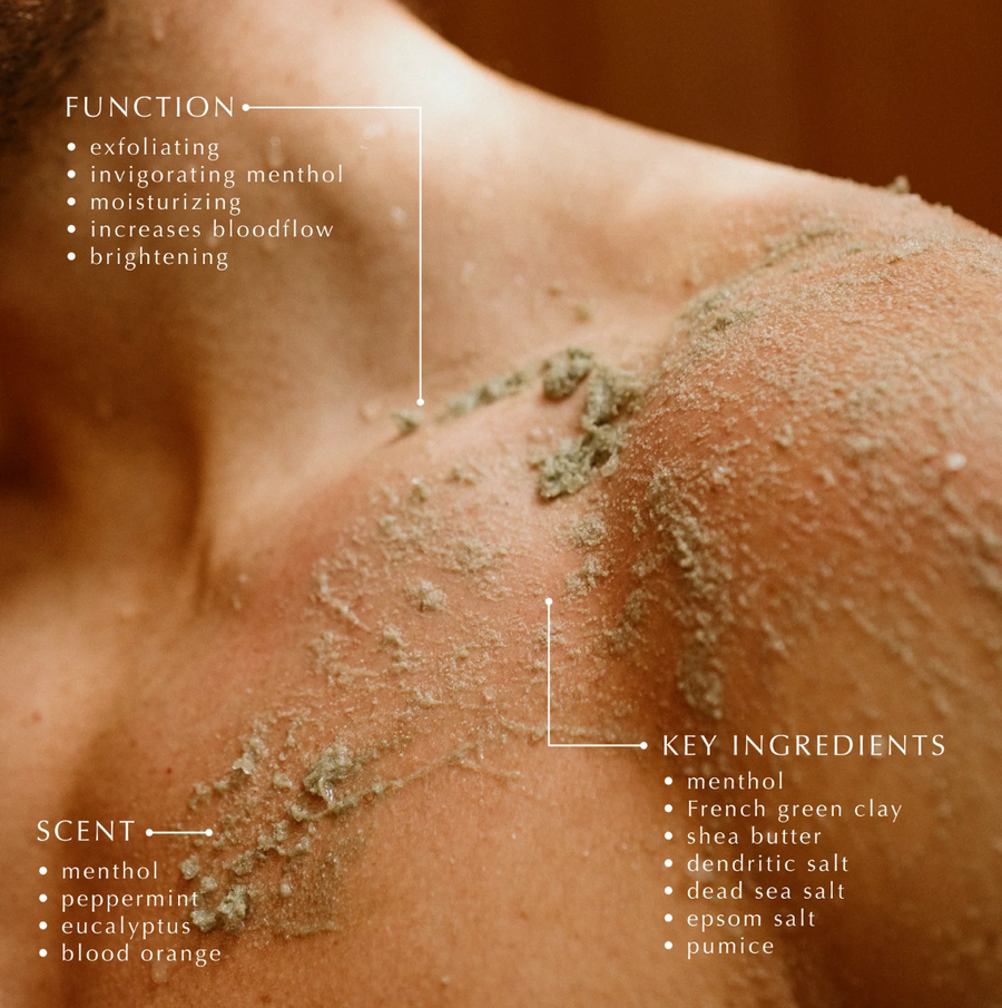A close-up shot of a person's shoulder and collarbone, showing the "picot refresh" scrub on their skin. The image is overlaid with text listing the scrub's functions, key ingredients, and scent.