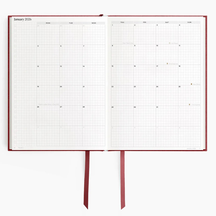2026 A5 Minimalist Horizontal Planner - Scarlet Oak