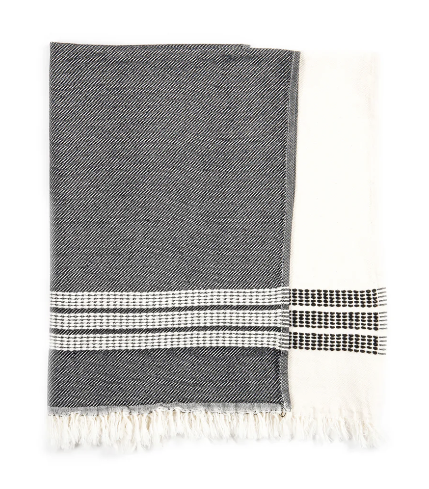 A folded kitchen towel is shown, with the top portion displaying a textured dark gray fabric. A section near the bottom and a partially visible unfolded section to the right are white with horizontal bands of small black dashes. The towel has a fringed bottom edge.