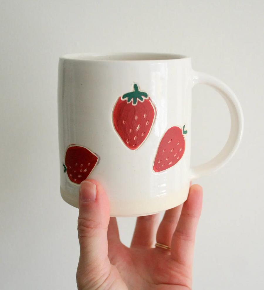 Handmade Strawberry Pottery Mug: 14 ounces