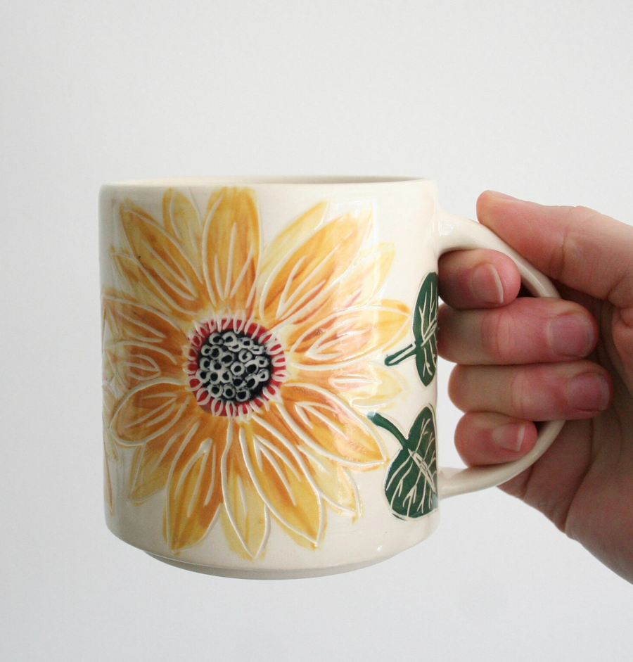 Handmade Sunflower Pottery Mug: 14 ounces