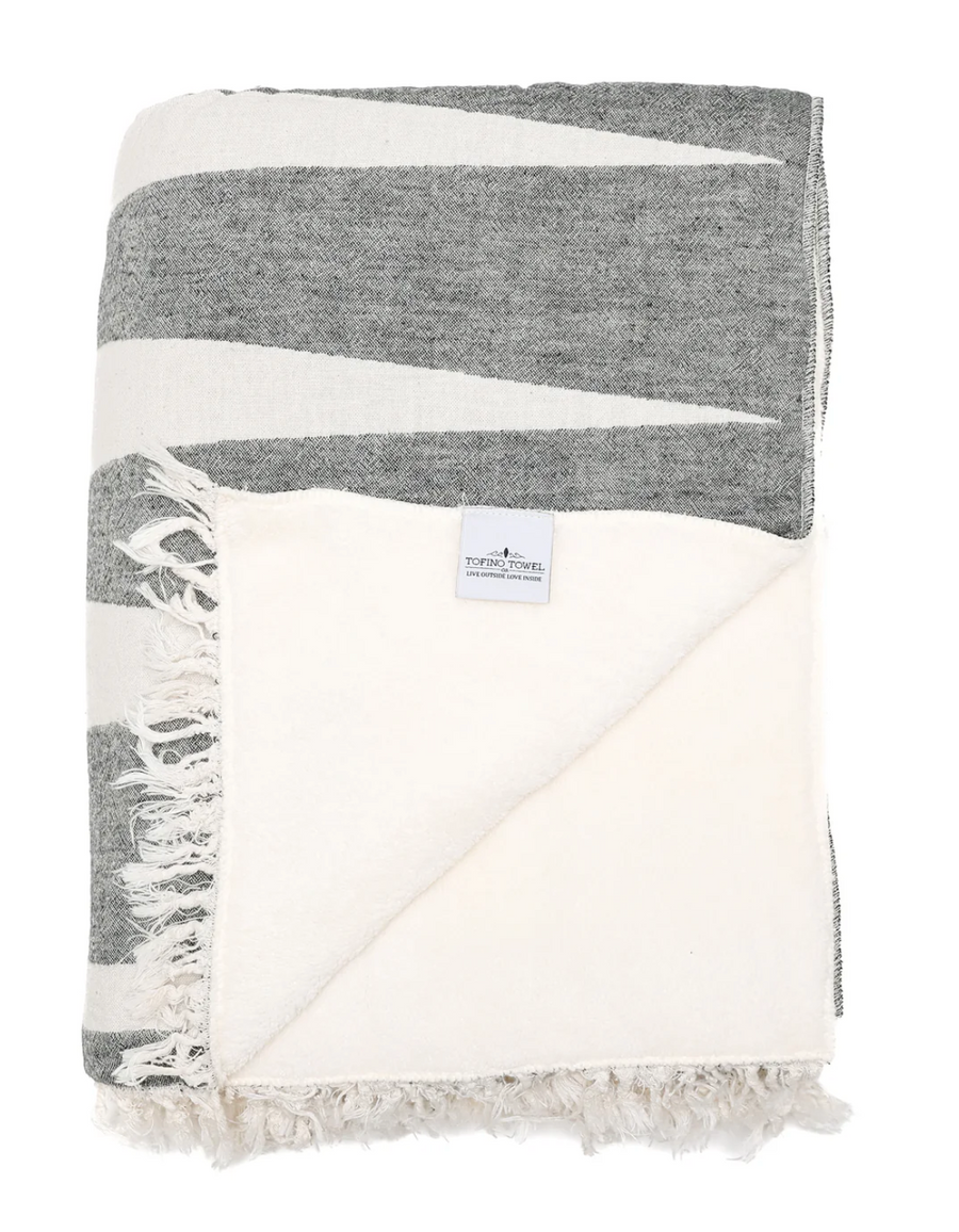 A folded throw blanket showing a black and white pattern on one side and a solid cream color on the other.