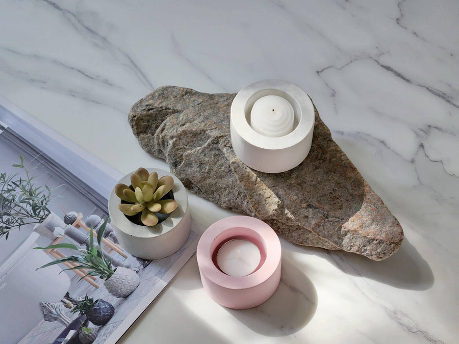Round Jesmonite Tea Light Holder  |  Cement Grey