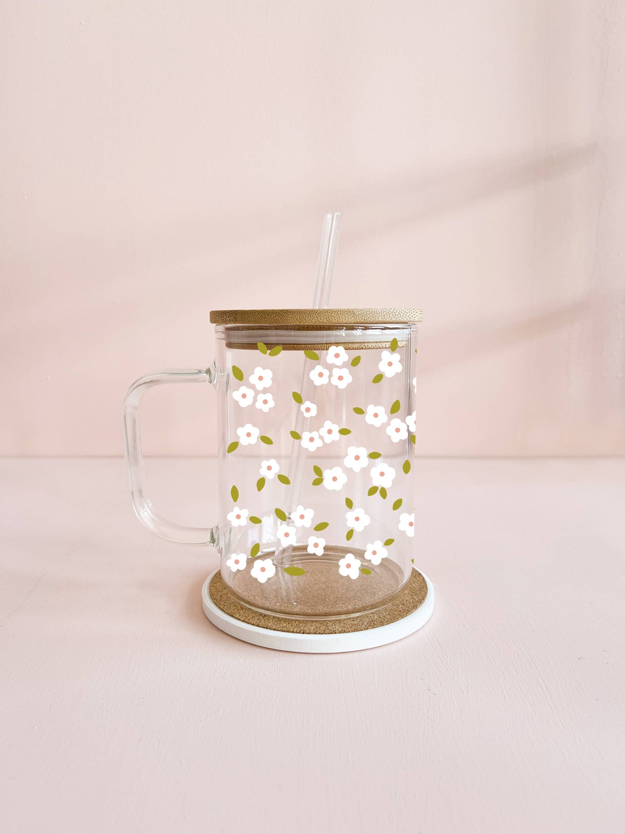 Boho glass mug 17oz: White bloom