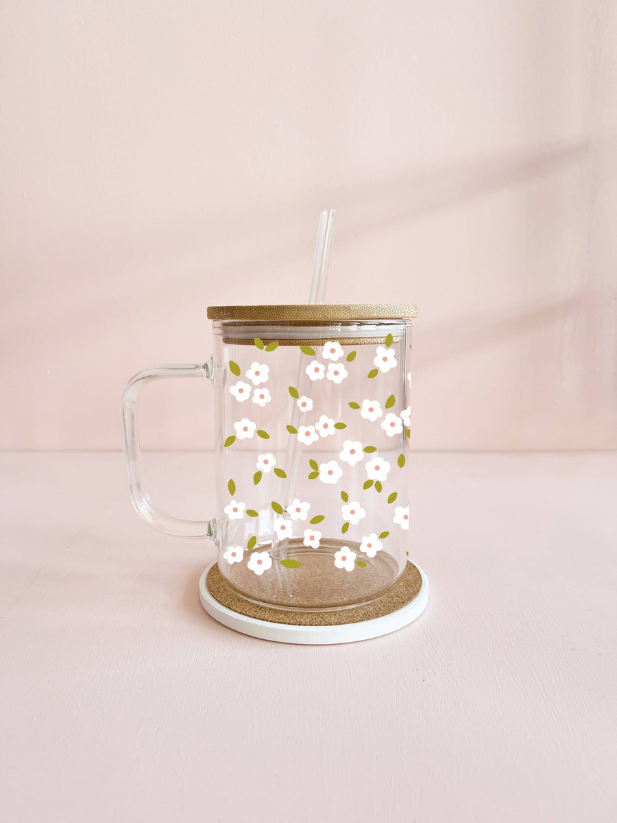 Boho glass mug 17oz: White bloom