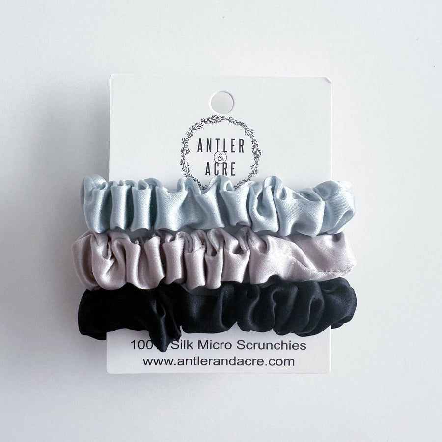 100% Silk Scrunchie Trio  |  Ice Blue  |  Micro