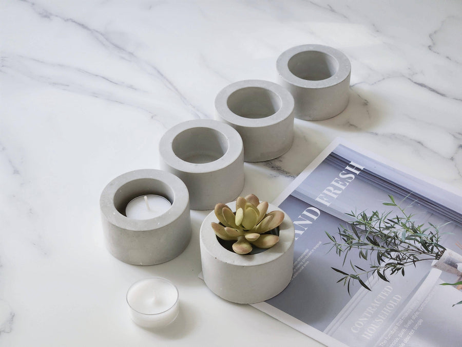 Round Jesmonite Tea Light Holder  |  Cement Grey